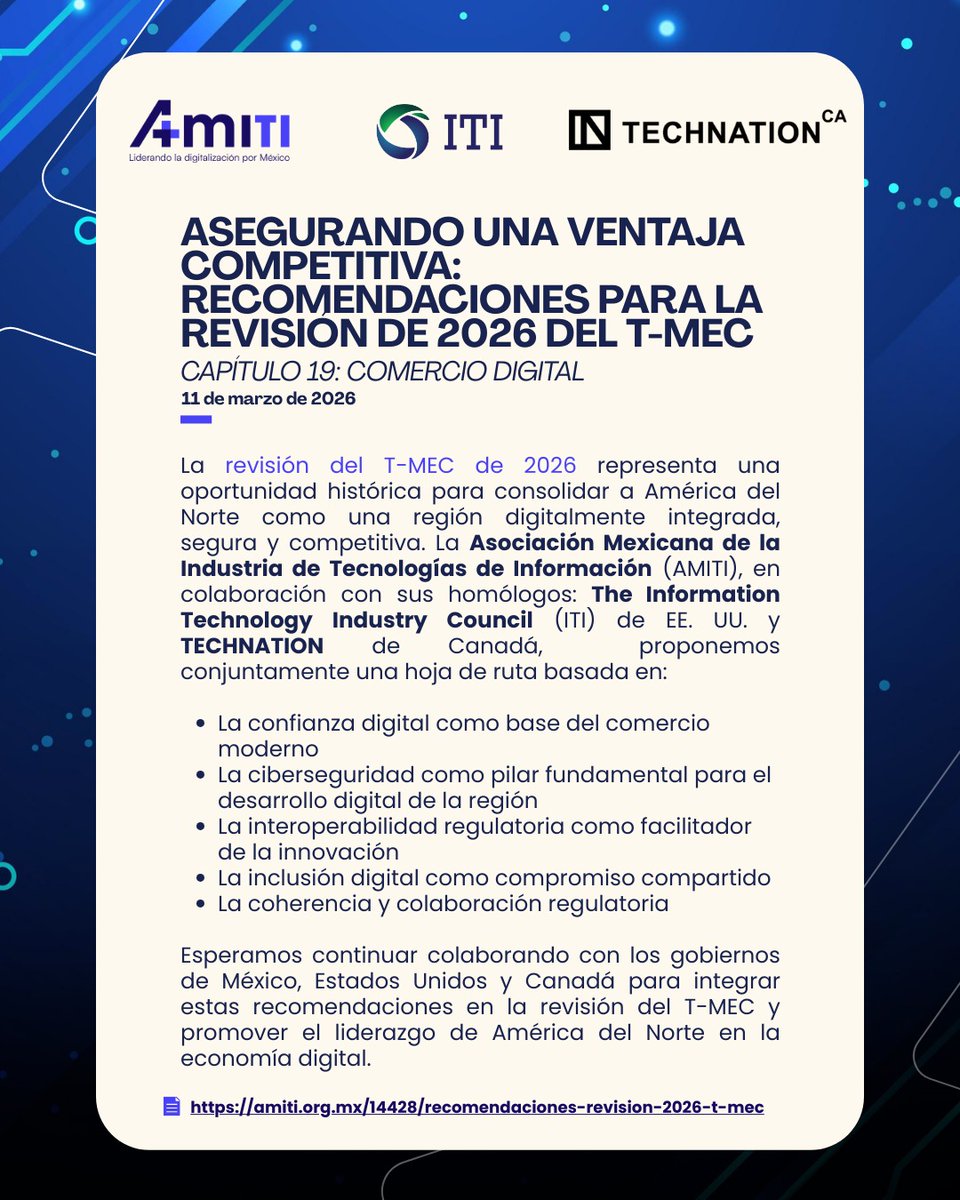 AMITI_Mex's tweet image. La revisión del #TMEC en 2026 es una oportunidad para fortalecer el comercio digital en América del Norte. 🌎💻

📄 Conoce nuestras recomendaciones:
amiti.org.mx/14428/recomend…

#TMEC #ComercioDigital #AMITI