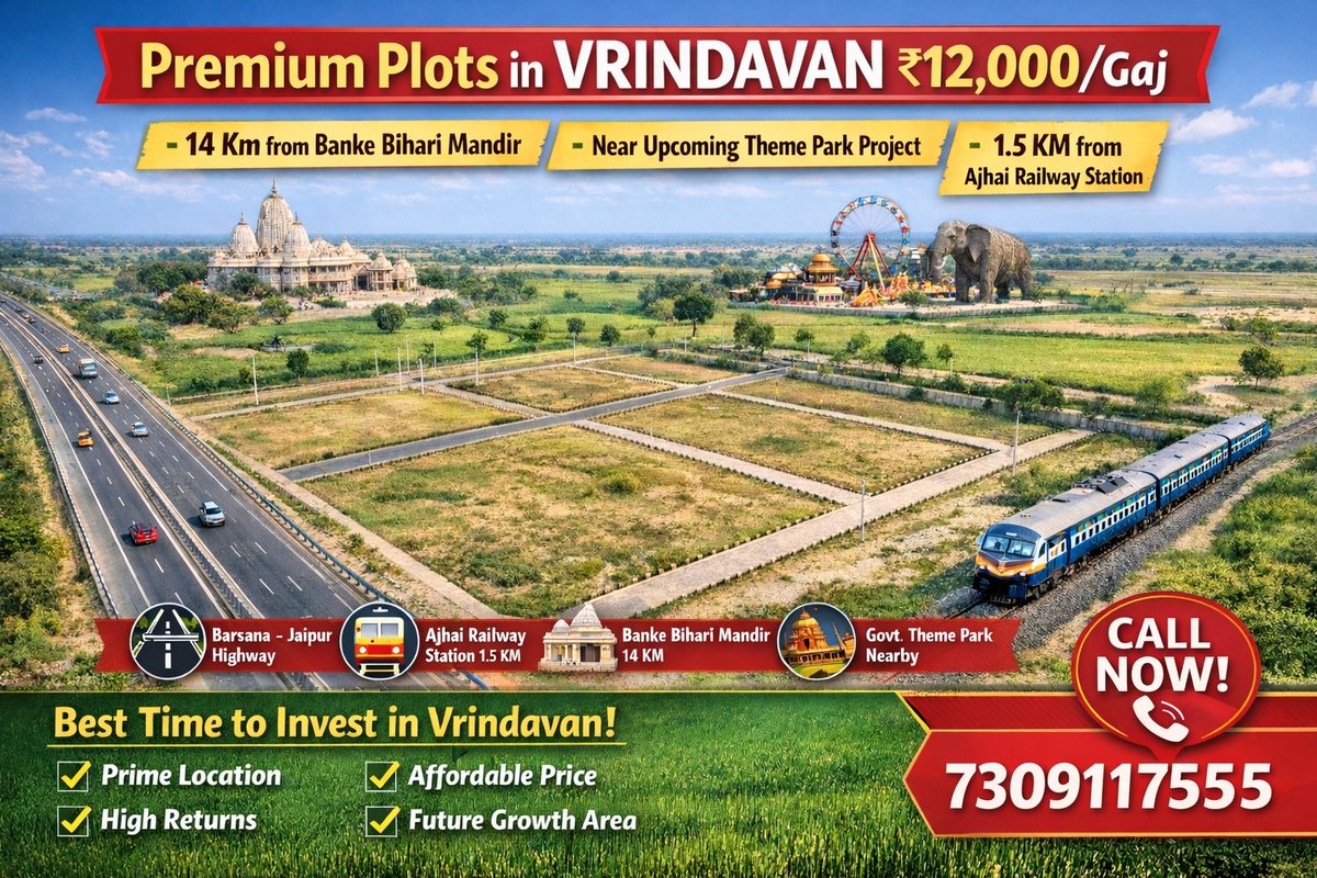 onlinebookingho's tweet photo. Vrindavan Premium Plot for Sale ₹12,000/Gaj | Near Theme Park | 1.5 KM from Ajhai Railway Station 

• Only 14 km from Banke Bihari Temple
• Close to upcoming Government Theme Park Project
• Well connected to Barsana – Jaipur New Highway
#noida #delhi https://t.co/wlhPM2GU0b
