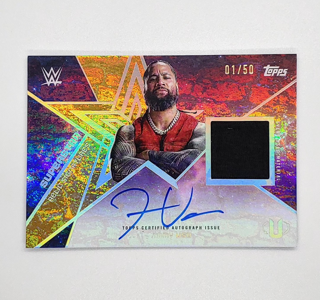 themerchmark's tweet photo. 2025 Topps Universe WWE Jimmy Uso Superstar Relic Signatures Gold Stone 01/50 👆🩸

#wrestlingcardwednesday https://t.co/lBSqq8LPxX