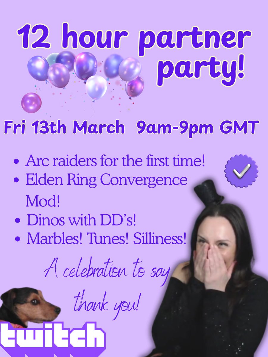 Friday we will celebrate getting partner on Twitch with a super fun 12 hour party stream 🥳