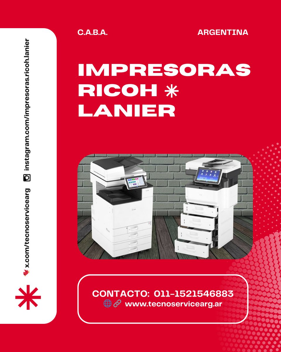 tecnoservicearg's tweet image. 𝗜𝗠𝗣𝗥𝗘𝗦𝗢𝗥𝗔𝗦 - 𝗥𝗜𝗖𝗢𝗛 - 𝗟𝗔𝗡𝗜𝗘𝗥

☎️ 0️⃣1️⃣1️⃣ - 1️⃣5️⃣2️⃣1️⃣5️⃣4️⃣6️⃣8️⃣8️⃣3️⃣
👉 🌐  tecnoservicearg.ar
⛳ C.A.B.A. Argentina
.
.
.
#RICOH #LANIER #Impresoras #ImpresorasRicoh #FotocopiadorasRicoh #TonerRicoh #RepuestosRicoh #IM430 #IM550 #IMC2010 #M320 #MC320 #MP201