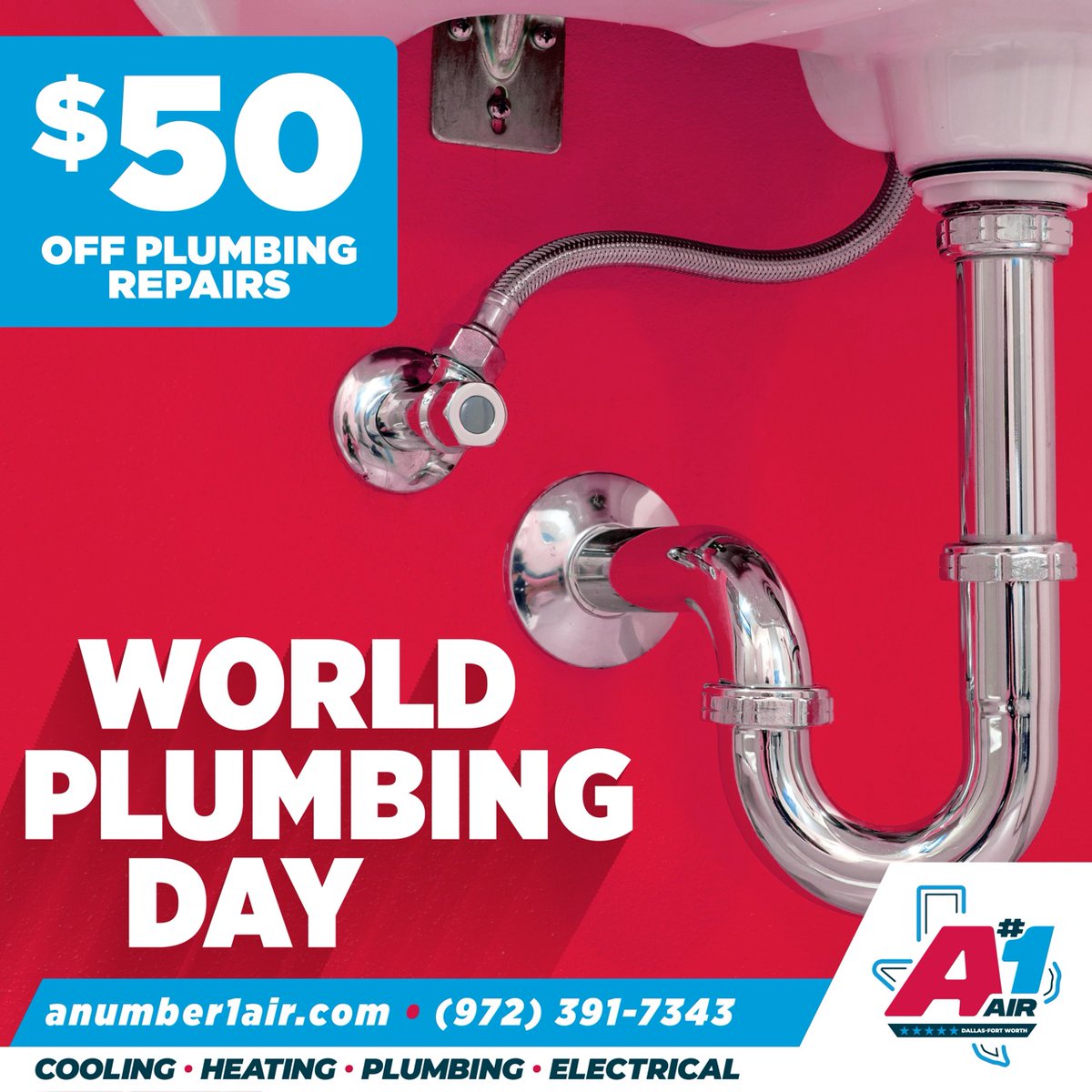 Happy World Plumbing Day! 💧 What better way to celebrate than with $50 off your next plumbing repair from A#1 Air?

Don't wait till your systems break down &amp; call A#1 Air📞 (link in bio)

#A1Air #Dallas #Texas #WorldPlumbingDay #Plumbing #Plumber
