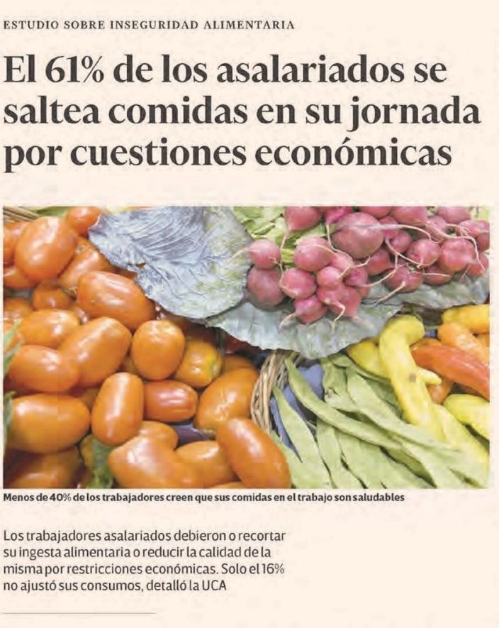 FerEspinozaOK's tweet photo. La realidad del día a día se opone ferozmente al fantasioso relato de Milei: en su Argentina imaginaria los trabajadores están cada vez mejor, mientras que la Universidad Católica revela que el 61% se saltea comidas durante la jornada laboral porque no tiene plata para alimentos. https://t.co/RWczpOw8qB