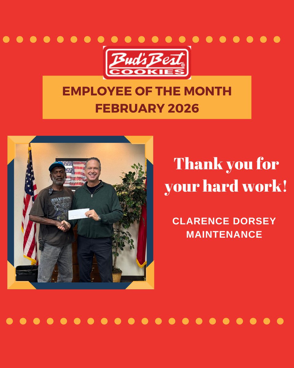 Congratulations to Clarence Dorsey, Bud’s Best Cookies Employee of the Month for February! 🎉 As part of our Maintenance team, Clarence helps keep our production running smoothly so we can keep baking the cookies people love. Thank you for being an important member of the Bud’s