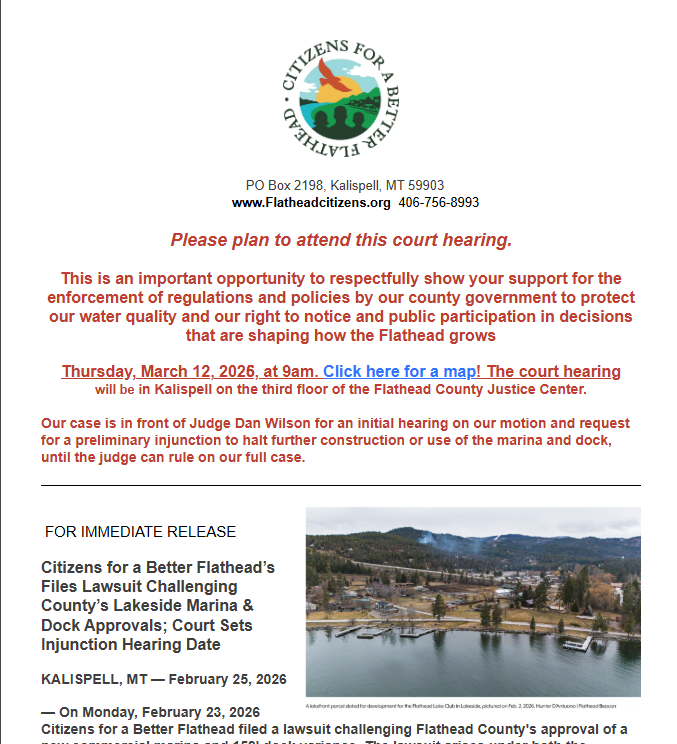 upperwestshore's tweet photo. Citizens for a Better Flathead invites you to attend a critical court hearing tomorrow, Thursday, March 12, 2026, at the Flathead County Justice Center.
This hearing will address their lawsuit challenging the county's approval of a new commercial marina and dock. https://t.co/jqoe9XMWP8