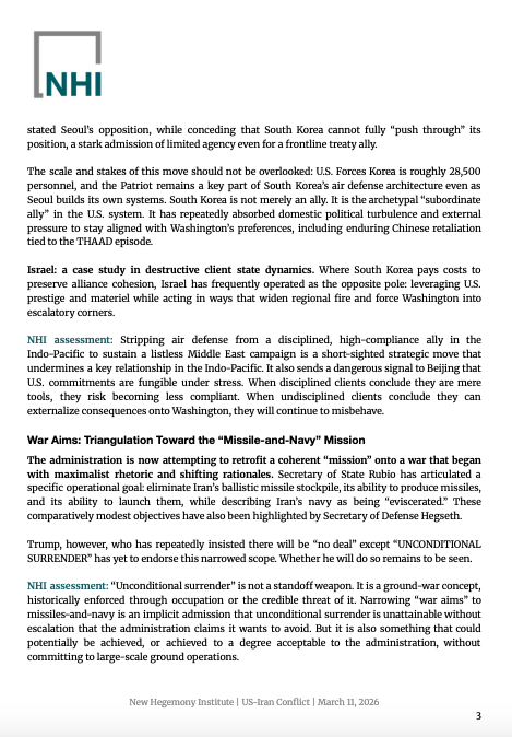 NewHegemony's tweet photo. Briefing: US-Iran Conflict Update - March 11 
Dire Straits: Blockade Pain, Alliance Strain, Interceptor Drain

#IranWar #Hormuz #THAAD https://t.co/M6KH5rC595