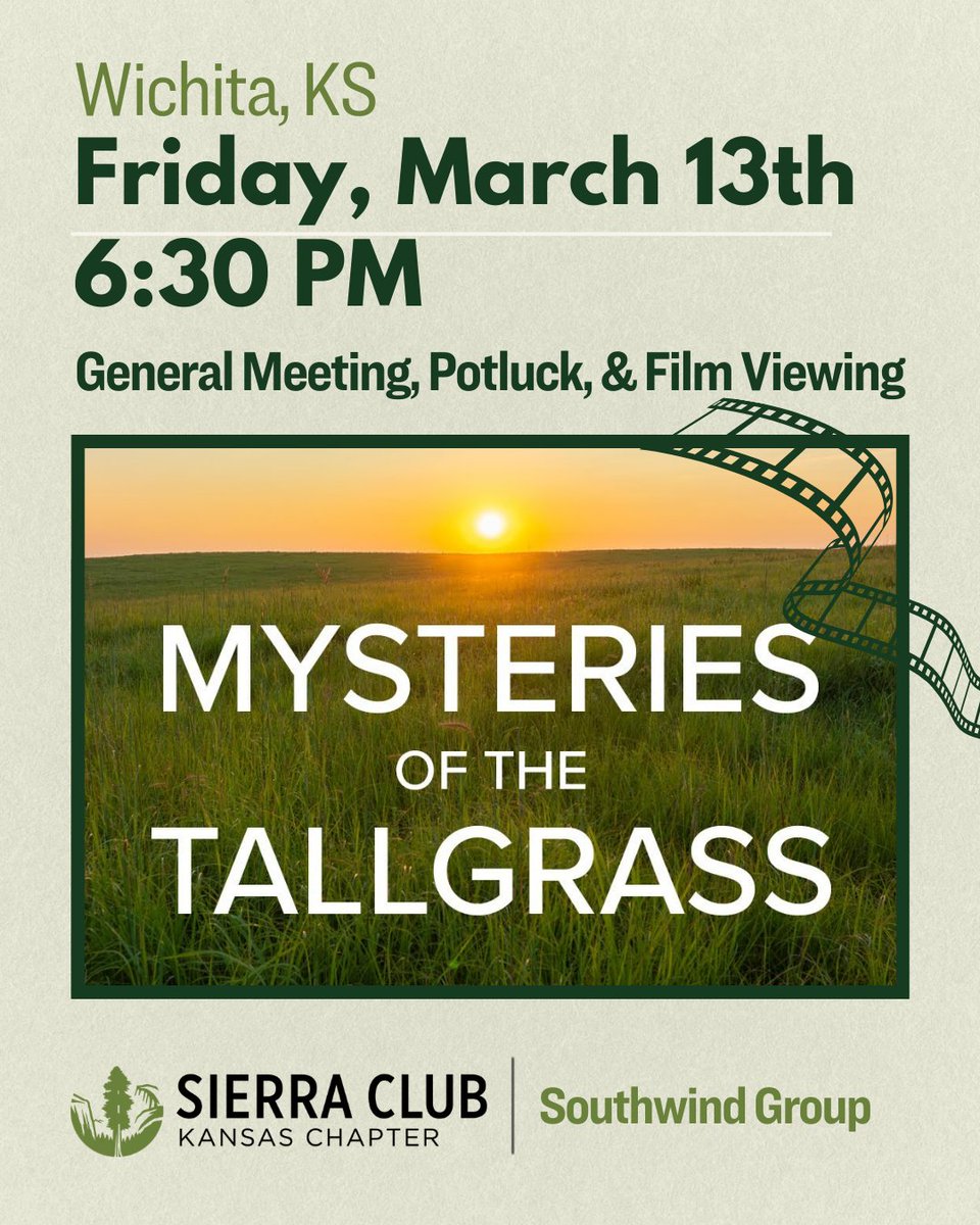 👉Join us March 13th at 6:30 P.M. to watch the documentary "Mysteries of the Tallgrass” 🍿🎥

We'll start the program with a potluck dinner so please bring your own eating utensils and a favorite dish to share 🙆🍴🥧

RSVP for more details
act.sierraclub.org/events/details…