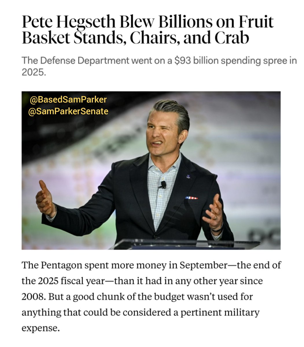 BasedSamParker's tweet photo. WAS THE IRAN WAR SUPPOSED TO HAPPEN IN 2025? Did you know, that if we'd started the war a few months sooner—at the end of 2025 instead of the beginning of 2026—we'd have saved $93 Billion? That's right, Pete Hegseth & the DOD had $93 Billion lying around unused at the end of the year, so they spent it on total bullsh*t instead of losing it ("use it or lose it" budgeting). Why did they have that much money leftover in the couch cushions?

If that wasn't bad enough, they then opened a brand new tab for this war in 2026. We're literally paying TWICE for a war we shouldn't even be fighting at all. How many better ways could that money have been spent on Americans, or simply not spent at all? 

Heads should roll. People should be fired, prosecuted & punished over this crime against the American people. And, TBH, impeachment of Trump should be on the table.

And now I can't help but think Charlie Kirk was basically a $93 billion fly in their ointment.