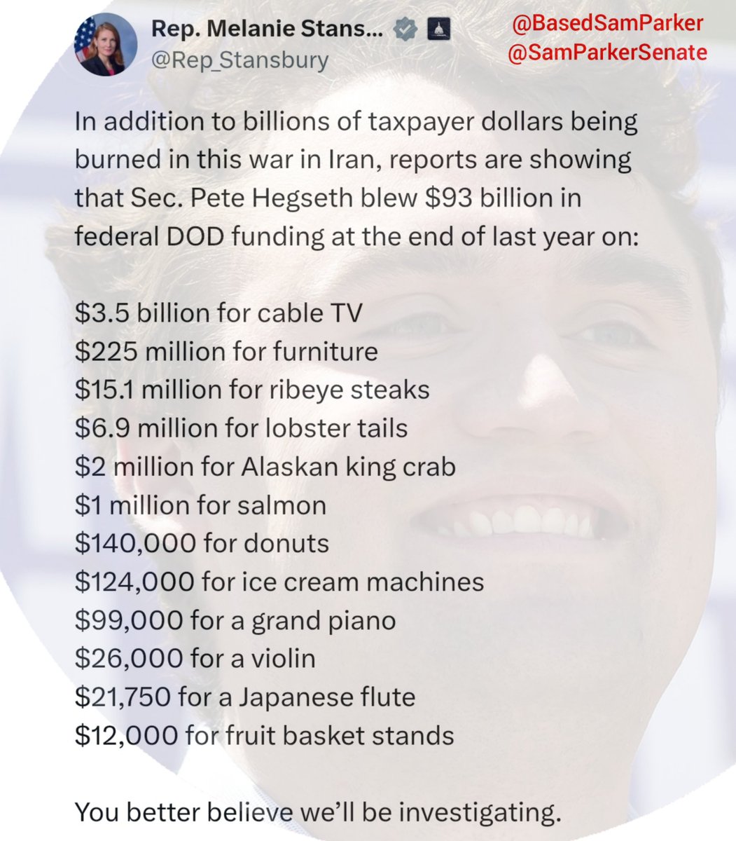 BasedSamParker's tweet photo. WAS THE IRAN WAR SUPPOSED TO HAPPEN IN 2025? Did you know, that if we'd started the war a few months sooner—at the end of 2025 instead of the beginning of 2026—we'd have saved $93 Billion? That's right, Pete Hegseth & the DOD had $93 Billion lying around unused at the end of the year, so they spent it on total bullsh*t instead of losing it ("use it or lose it" budgeting). Why did they have that much money leftover in the couch cushions?

If that wasn't bad enough, they then opened a brand new tab for this war in 2026. We're literally paying TWICE for a war we shouldn't even be fighting at all. How many better ways could that money have been spent on Americans, or simply not spent at all? 

Heads should roll. People should be fired, prosecuted & punished over this crime against the American people. And, TBH, impeachment of Trump should be on the table.

And now I can't help but think Charlie Kirk was basically a $93 billion fly in their ointment.