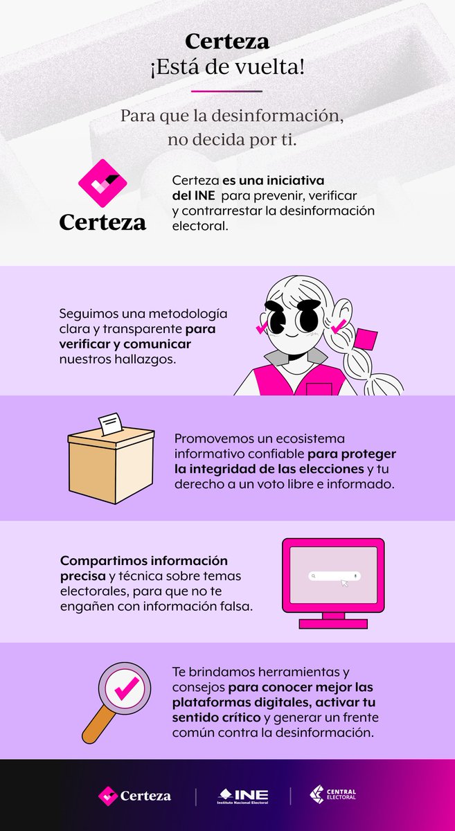 CertezaINE's tweet photo. El proyecto Certeza del @INEMexico está de regreso y  ahora es permanente porque la desinformación electoral no sólo acecha en tiempo de elecciones. 🔗   https://t.co/wGORMOBvYr https://t.co/VrojJi81g5