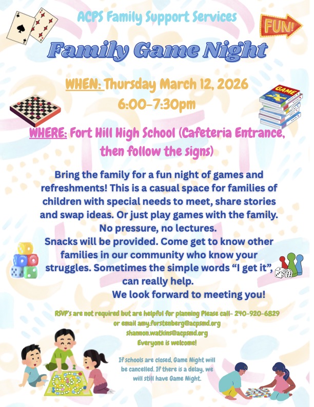 acpsmd's tweet photo. Our Family Support Services staff will host a Family Game Night tomorrow from 6-7:30 p.m. at Fort Hill for families of children with special needs. https://t.co/9HCDyPYQ6U