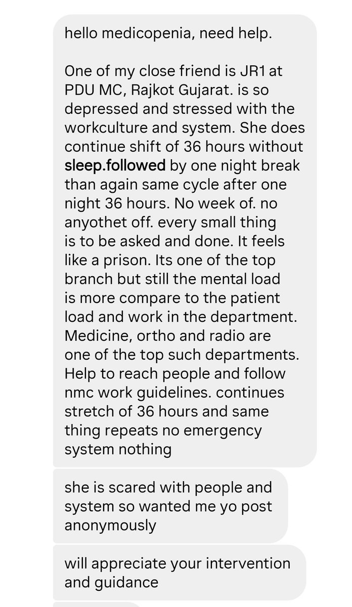 medicopenia_155's tweet photo. JR1 from PDU Medical College Rajkot, Rajkot: 36-hour continuous shifts, barely any rest, no weekly off. Toxic work culture causing severe stress and burnout among residents.

We urge @NMC_BHARAT to enforce duty hour guidelines and protect resident doctors. #DoctorBurnout #jr1 https://t.co/awNzCqvIDJ