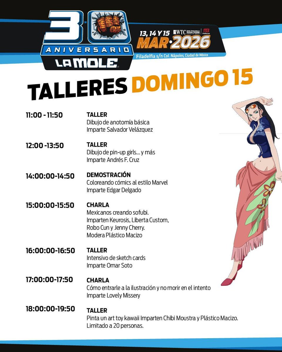 lamolemx's tweet photo. 🤓 ¡No te pierdas estos talleres! Anatomía básica, dibujo de pin-up girls, color y tintas al estilo Marvel, customizado de art toys, y hasta dibujo con modelo.
🗡️ Regístrate en nuestro salón de talleres, ubicado en la planta alta de #LaMole30. 
#Pr1meroLaMole https://t.co/uhy33caYeL