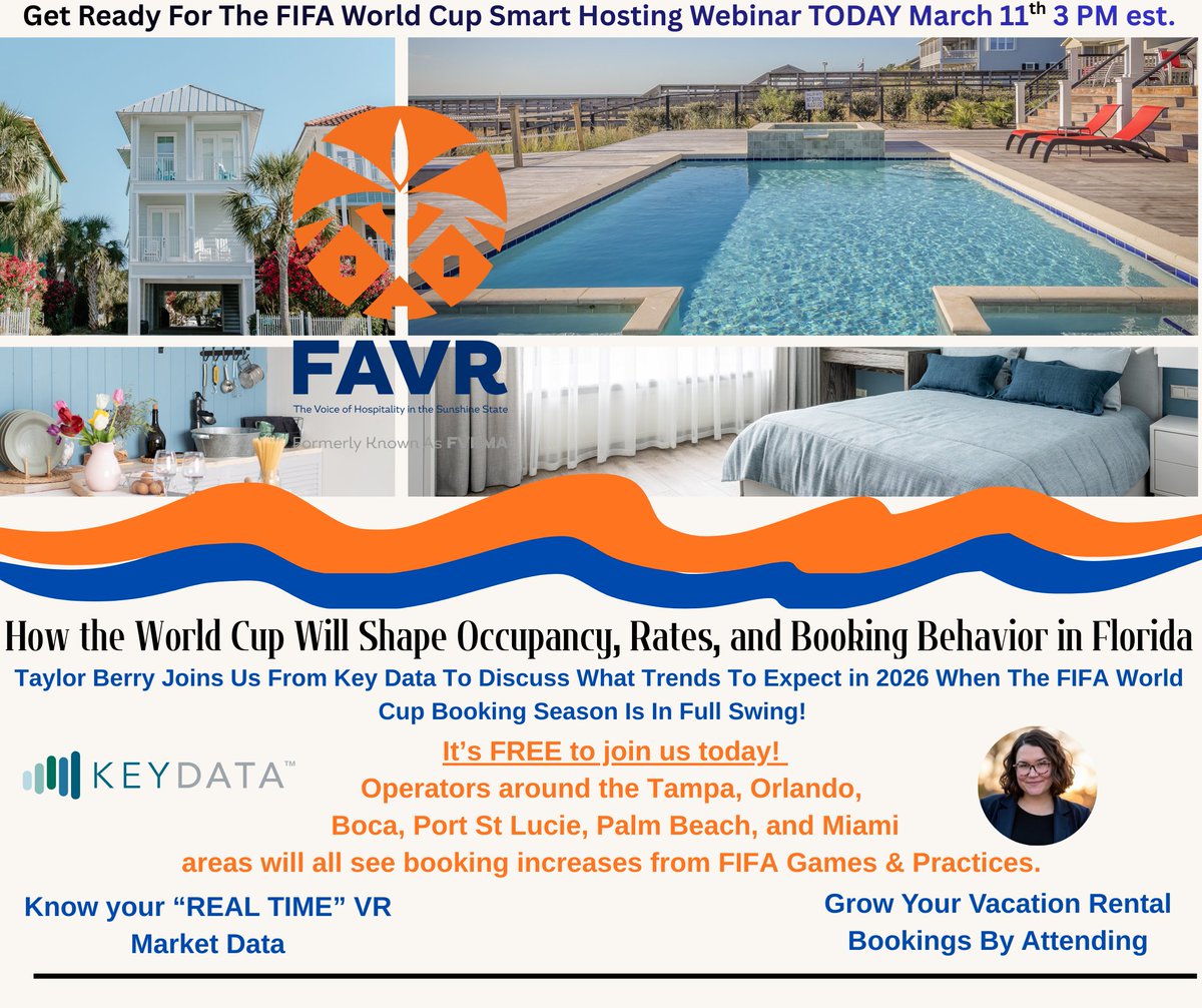 FLVRMA's tweet photo. LAST CALL! Join us for today's vacation rental webinar! The 2026 FIFA World Cup is coming, and you need to be ready for increased booking activity across Florida. Last Call to join us today for this FREE FAVR webinar. 3 PM EST https://t.co/p7HWF3ewXC https://t.co/iYmeannLTX