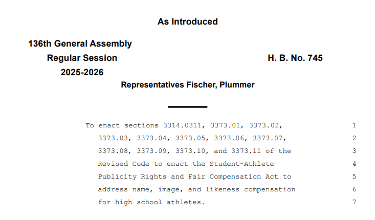 DanGreene15's tweet image. Ohio lawmakers are now battling over high school #NIL. Reps. Fischer &amp;amp; Plummer introduced the "Student-Athlete Publicity Rights and Fair Compensation Act" this week, while Reps. Bird &amp;amp; Odioso introduced a bill earlier this year to nullify the OHSAA’s Nov. 2025 move allowing NIL.
