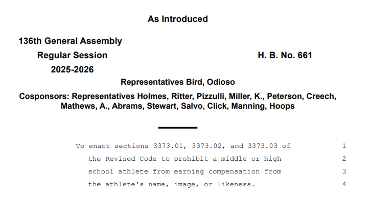 DanGreene15's tweet image. Ohio lawmakers are now battling over high school #NIL. Reps. Fischer &amp;amp; Plummer introduced the "Student-Athlete Publicity Rights and Fair Compensation Act" this week, while Reps. Bird &amp;amp; Odioso introduced a bill earlier this year to nullify the OHSAA’s Nov. 2025 move allowing NIL.