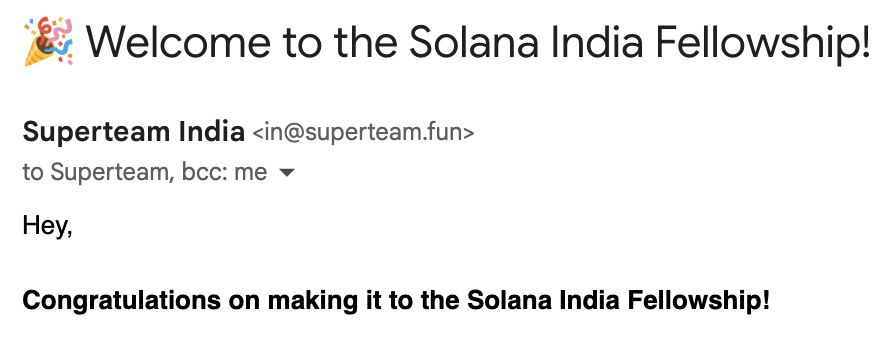 100x_Sam's tweet photo. They don’t know I just got this email 👀
Solana India Fellowship 
@kirat_tw @paarugsethi @SuperteamIN https://t.co/aZHJYo3EBs