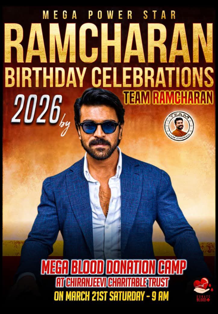 UVeeresh19's tweet photo. Our Mega PowerStar @AlwaysRamCharan Birthday Celebrations 
by @TeamRcOfficial  ✊✊

On this March 21st - 9AM  at @CCT_Offl 

#RamCharan #TeamRamCharan 😍 https://t.co/7RJ1r1UVN8
