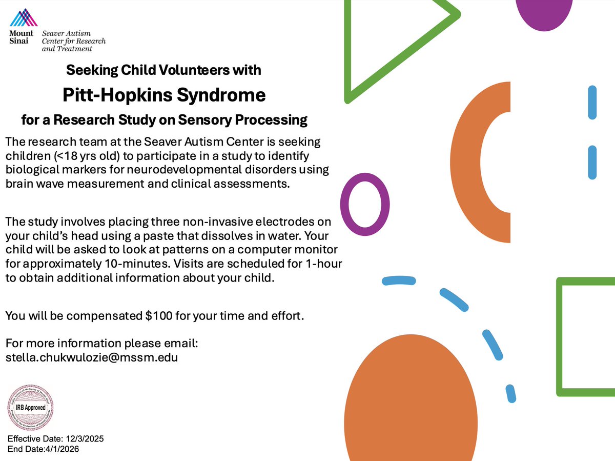 PittHopkins's tweet photo. NEW YORK area families!

The Seaver Autism Center for Research and Treatment at Mount Sinai in New York City is recruiting for a study specific to #PittHopkins.

To find out more, please email: stella.chukwulozie@mssm.edu

You will be compensated $100 for your time and effort. https://t.co/cdcMo7GjLa