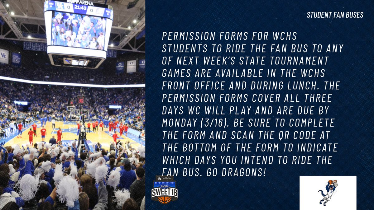 Are you a WCHS who wants to ride the fan bus to see <a href="/DubCHoops/">Dragon Basketball</a> in action at the KHSAA UK Healthcare Boys Sweet Sixteen? See the graphic below with everything you need to know about student fan buses!