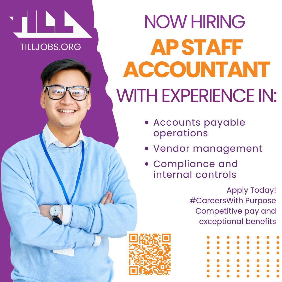 TILL is hiring an Accounts Payable Staff Accountant. This full-time, M-F position is onsite at our Dedham office. 2+ years of AP experience plus a degree in Accounting, Finance, or related field preferred. Visit: tilljobs.org

#CareersWithPurposeTILL #TILL