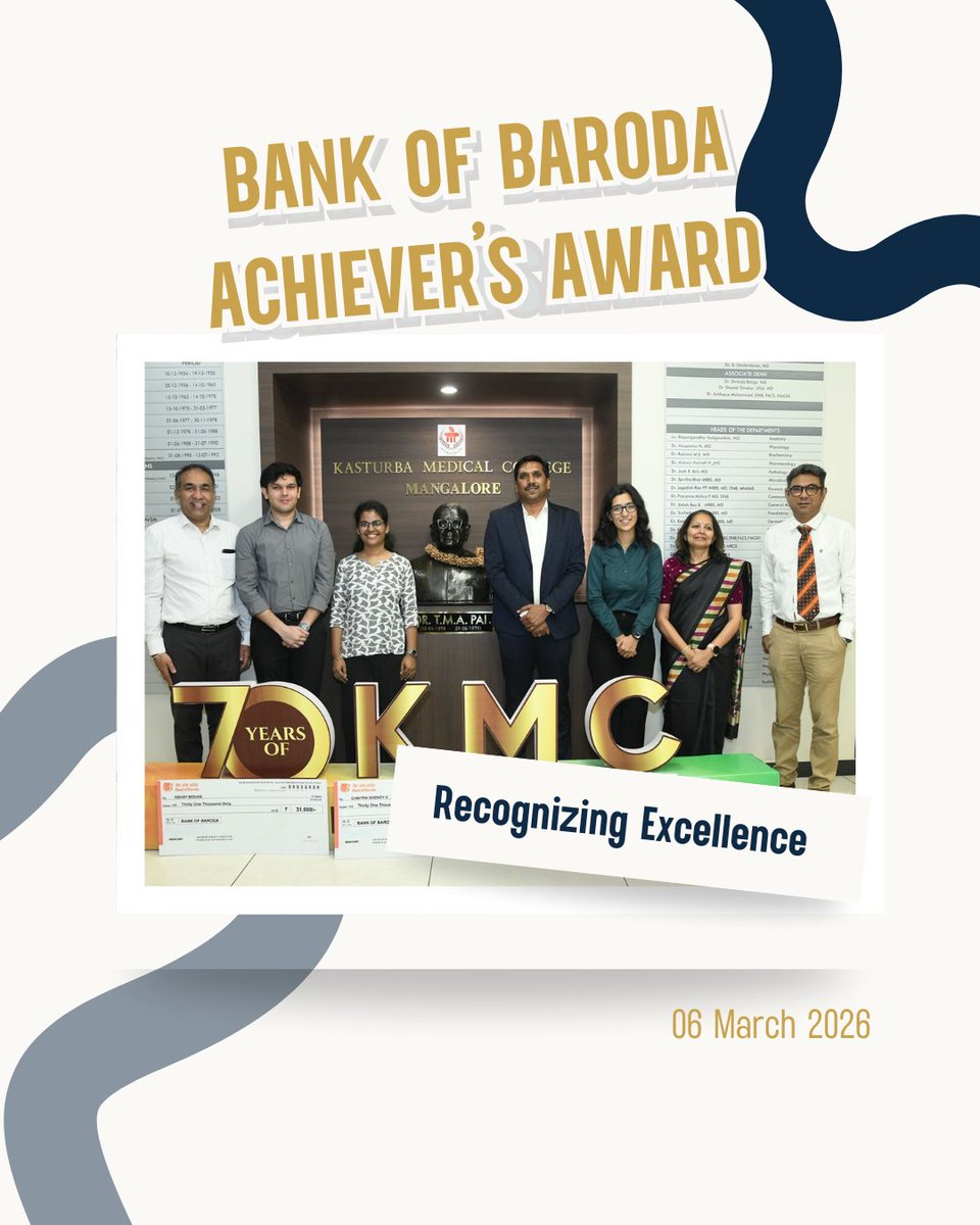 KMC_Mangalore's tweet image. Congratulations to Chaitra Shenoy (Academics), Abhay Mohan (Sports) and Medha Tripathy (All-Rounder) from the MBBS 2021 batch, KMC Mangalore, recipients of the Bank of Baroda Achiever’s Award.

#KMCMangalore #StudentAchievement