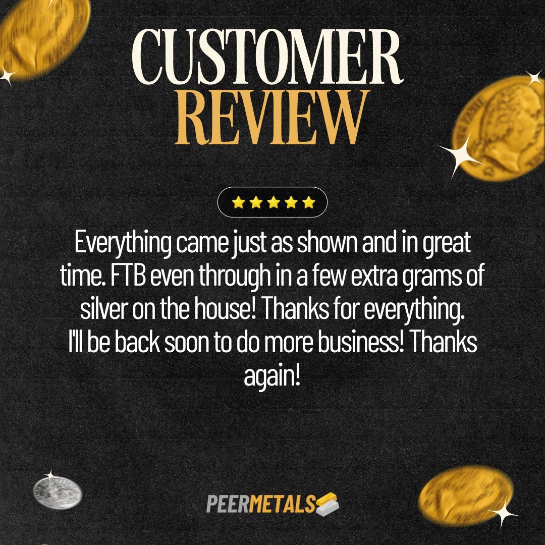 peermetalslist's tweet image. "Everything came just as shown and in great time." Joseph loved his PeerMetals order, even getting extra silver!

Real reviews from real customers like Joseph. We pride ourselves on top service &amp;amp; quality.

Experience it yourself! Visit PeerMetals.com
#PeerMetals #Preci…