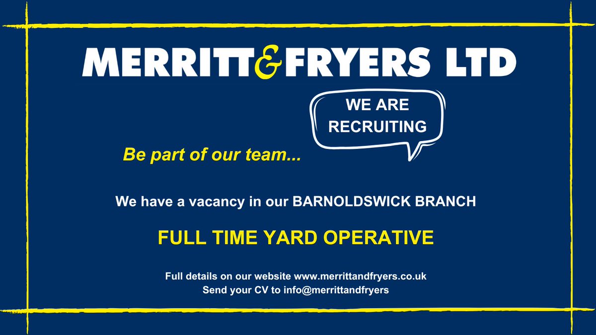 merritt_fryers's tweet photo. We are recruiting for a Full Time Yard Operative to join our team in our Barnoldswick branch. Visit our website for full details, tag someone who might be perfect for this role or share to spread the word #merrittandfryers #barnoldswick #jobvacancy #joinourteam #yardoperative https://t.co/2L9pBaFftp