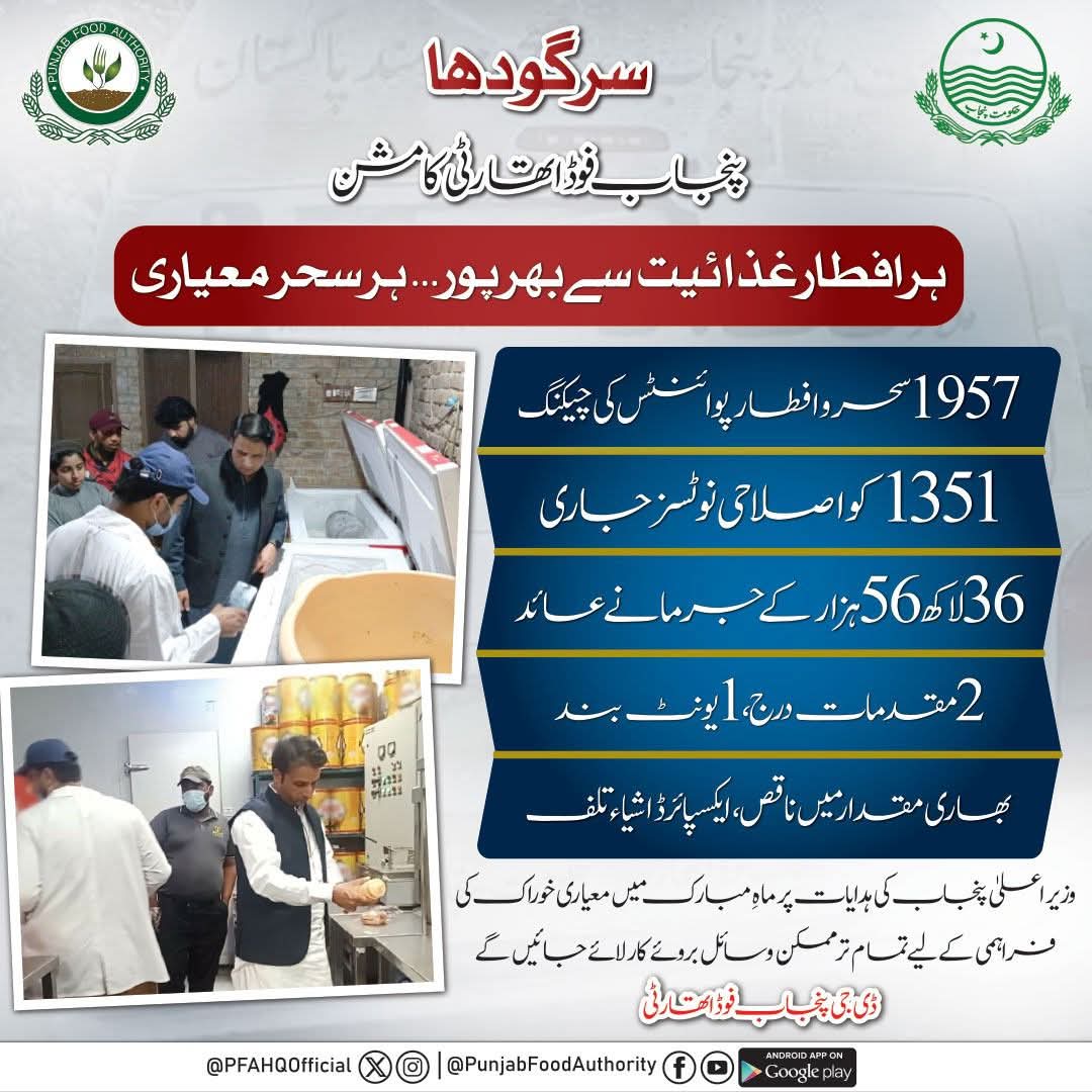 PFASAR_OFFICIAL's tweet photo. پنجاب فوڈ اتھارٹی سرگودھا کی سحر وافطار میں معیاری فوڈ کی فراہمی کے لیے کارروائیاں جاری۔
@PFAHQOfficial https://t.co/YmaxZ6hyFi