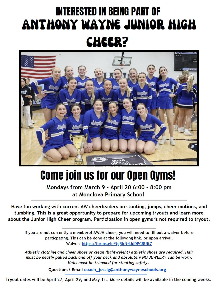 AWJHAthletics's tweet photo. Interested in JH cheer for the 2026-2027 season? Join us at open gyms! https://t.co/PLudsmoyNT