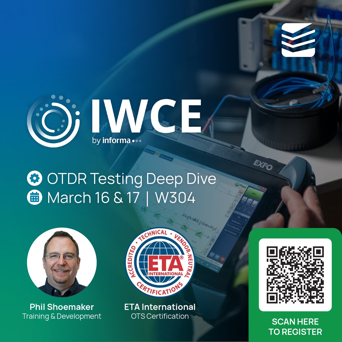 Attending #IWCE2026? Join our OTDR Testing Deep Dive Workshop as part of the ETA Education Forum.

🗓️ Monday: bit.ly/4lHtsJP
🗓️ Tuesday: bit.ly/3OV7oPx

Participants can also sit for the ETA OTDR Testing Specialist (OTS) certification.

#FiberOpticTraining #OTDR