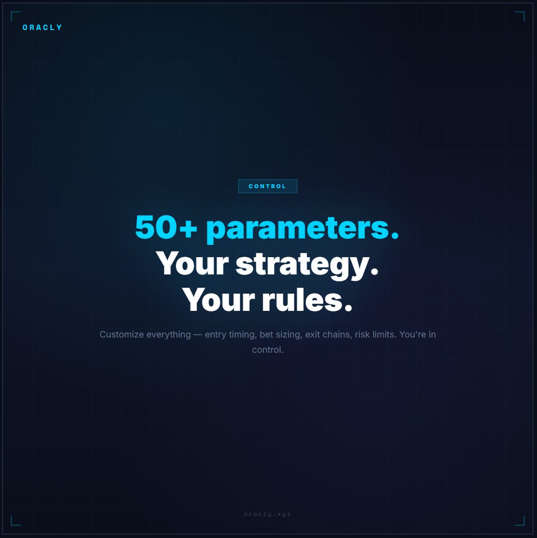Oraclyxyz's tweet photo. 50+ parameters. Your strategy. Your rules.

Customize everything — entry timing, bet sizing, exit chains, risk limits.

You're in control.

https://t.co/MQXzAxboQz

#Oracly #CustomBot https://t.co/dcoEACMnea