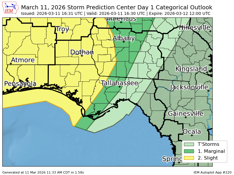 #SPC issues Day 1 Slight Convective Risk at Mar 11, 16:31z for TAE spc.noaa.gov/products/outlo…