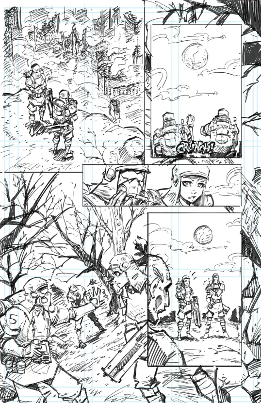 Crescentverse's tweet photo. The first two pages of a short anthology comic I have in the works. Very pleased by the turn out so far! The story follows an Auxilia Corporal Daniels and Matilda on duty at a alternate Earth infested by the walking dead. What strange things will befall them? https://t.co/a7eXEcI0OP
