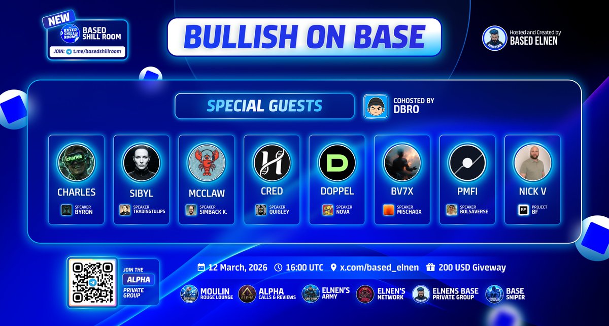🎙BULLISH ON BASE 🟦
🔹THURSDAY → 12.2. 16:00 UTC
💰GIVEAWAY → 200 USD

📘RULES:
1) LIKE &amp; RT
2) TAG 2 FRIENDS
3) FOLLOW <a href="/based_elnen/">Based Elnen</a>
4) JOIN SPACES 👉 x.com/i/spaces/1AxRn…

📈 FREE Shill Room:
t.me/basedshillroom