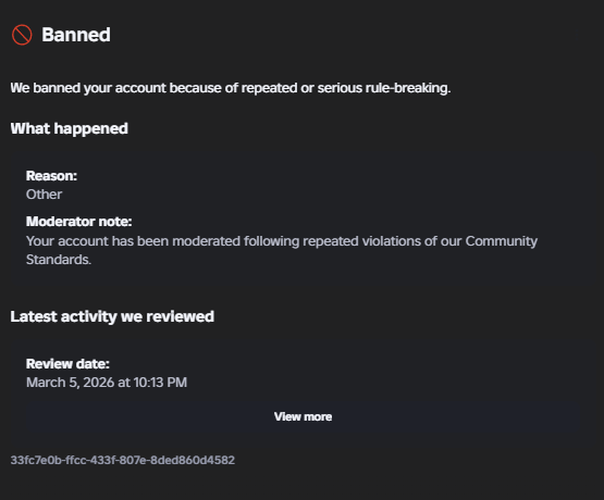 NotTaiketsu's tweet photo. @Roblox Hi, my account (DanielDimananaFav1aA) was permanently banned on March 5th for reason “Other” with no context or evidence provided. I’ve only received automated responses on appeal. Could I please get a human review in case this was part of the March 5th ban wave error? https://t.co/2GNReed6US