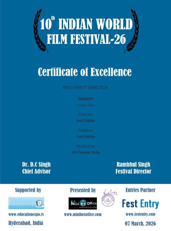 nakkaanil8's tweet photo. Really happy to share this moment.
Our film #Sanjeev won the #BestDebutDirector award at the 10th #IndianWorldFilmFestival 2026, Hyderabad.
Grateful to my amazing team and everyone who supported this journey.
Looking forward to what lies ahead. 🎬
#AnilNakka #SanjeevTheFilm https://t.co/w8ipzfnZTw