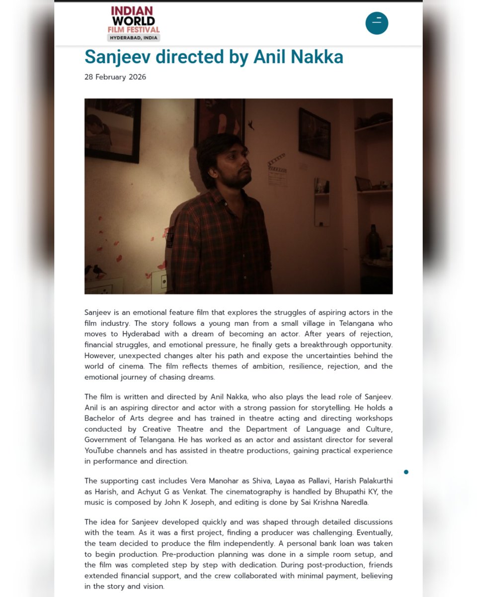 nakkaanil8's tweet photo. Really happy to share this moment.
Our film #Sanjeev won the #BestDebutDirector award at the 10th #IndianWorldFilmFestival 2026, Hyderabad.
Grateful to my amazing team and everyone who supported this journey.
Looking forward to what lies ahead. 🎬
#AnilNakka #SanjeevTheFilm https://t.co/w8ipzfnZTw