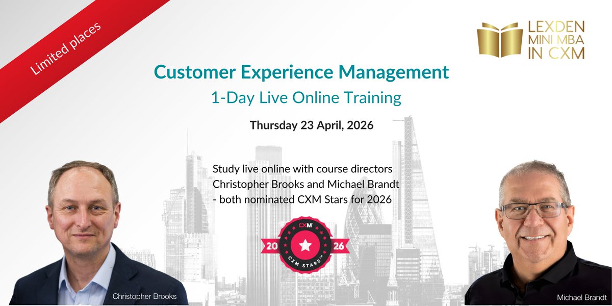 LexdenGroup's tweet photo. Want to build practical Customer Experience Management skills?

Join our 1-day live online CX training with course director Christopher Brooks (CXM Star 2026).

✔ 3 Mini MBA modules
✔ Practical CX frameworks
✔ Small group learning
£300 | Limited places

https://t.co/QMlcxVhX7a https://t.co/IXOfyHF3eL