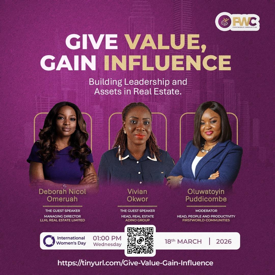 FWCommunities's tweet photo. In honour of #IWD2026, we’re hosting a special virtual session: "Give Value, Gain Influence: Building Leadership and Assets in Real Estate."

Our speakers: Deborah Nicol-Omeruah and 
Vivian Adeyinka Okwor.

On Wed, March 18th, 2026  at 1PM

 🔗 Register: https://t.co/ifqoRESpNS. https://t.co/zj6ywRJBHa