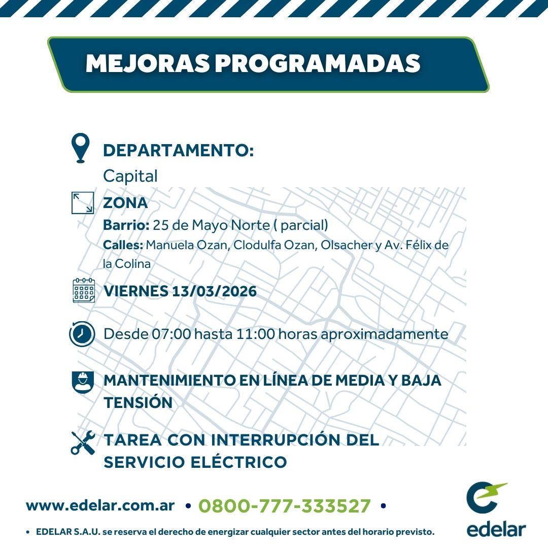 EdelarSAU's tweet image. #MejorasProgramadas 

📍Día viernes 13/03 departamento Capital
