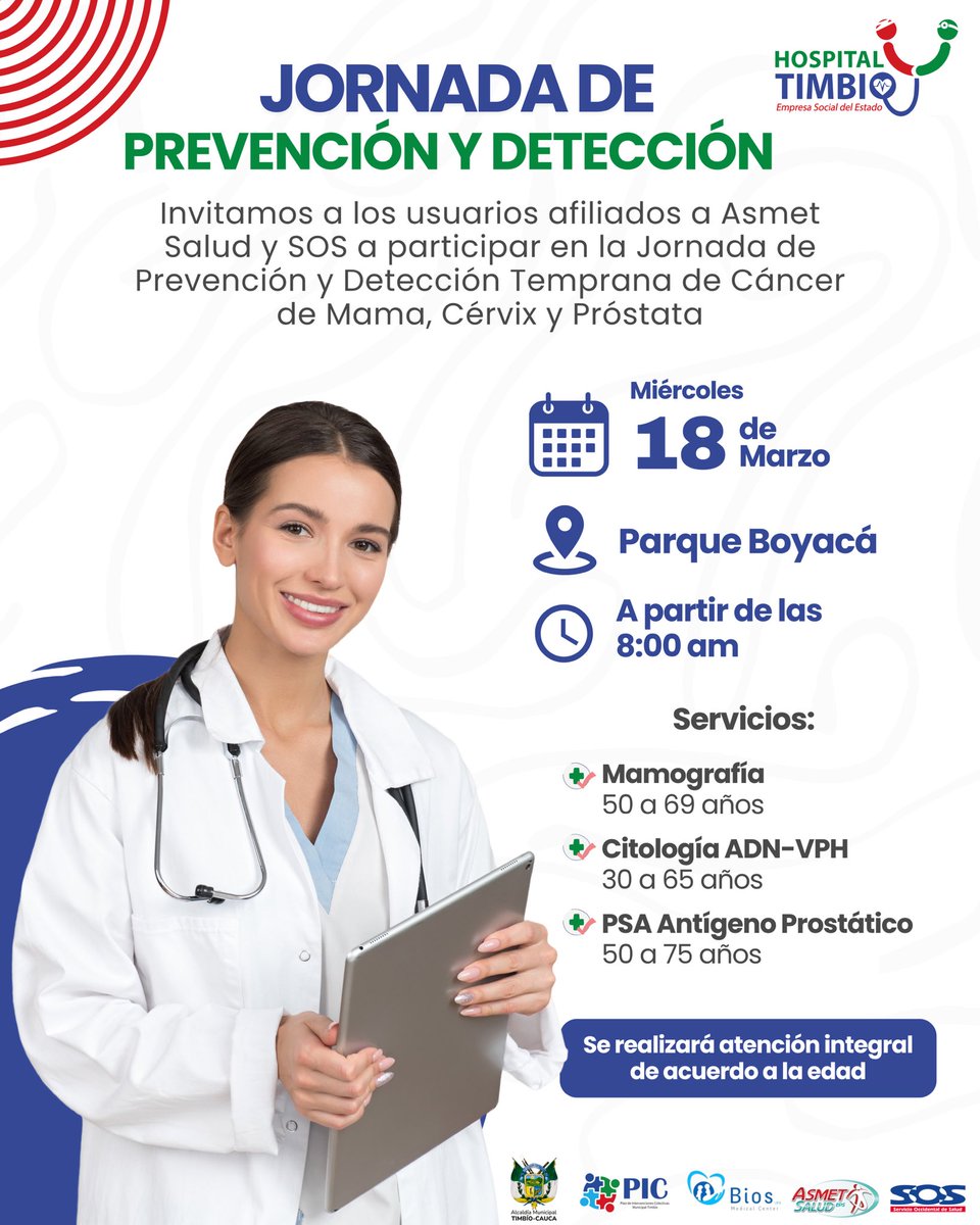 HospitalTimbio's tweet photo. ¡Cuidar de ti y de tu familia empieza con un chequeo a tiempo! 🩵

Invitamos a los usuarios de Asmet Salud y SOS a asistir a la Jornada de Prevención y Detección en el Parque Boyacá el día miércoles 18 de marzo a partir de las 8:00 am ✅

#SaludTimbío #PrevenirEsCuidar https://t.co/p1HEuEYMAK