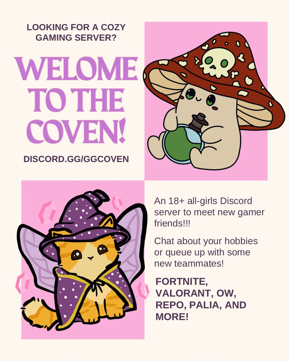 GGamerCoven's tweet photo. Looking for people to game, chill, and talk about all things gaming? 🎮🔥

Join our 18+ girly gamer Discord server!

Active chats, gaming sessions, and a great community waiting for you.
Jump in and say hi  ! 
https://t.co/O9kfwevB7v
#gamingtwt #girlgamer #fortnite
#palia https://t.co/xcUmzVpnT1