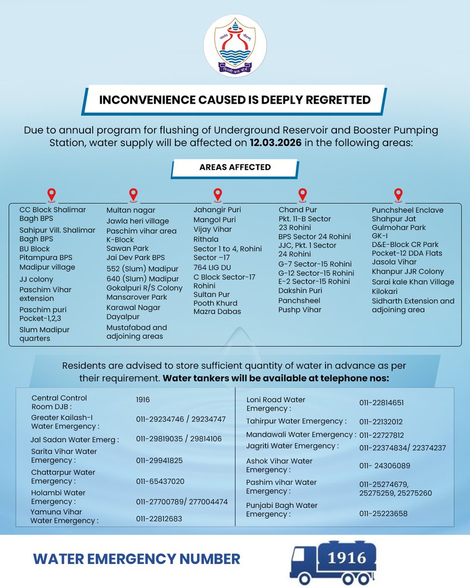 DelhiJalBoard's tweet photo. !!Water Alert!! 
Due to the annual flushing programme of UGR and Booster Pumping Stations, water supply will be affected on 12 March, 2026 in several areas of Delhi.
@PMOIndia @CMODelhi @gupta_rekha @p_sahibsingh @CRPaatil  @cleanganganmcg 
#DelhiJalBoard #PublicAdvisory #DJB https://t.co/oYmNvk8JEp