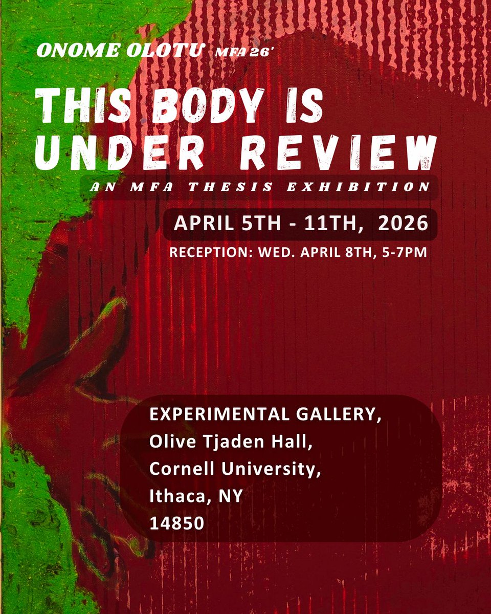 onome_olotu's tweet photo. I'm glad to announce my MFA Thesis Exhibition, "THIS BODY IS UNDER REVIEW", showing at the Experimental Gallery.
This thesis show is a culmination of my entire MFA practice. 

Exhibition dates:
April 5th - 11th, 2026
Reception: Wed., 8th April, 5 –7 PM https://t.co/jrgXobbwfM