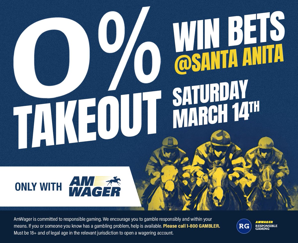 AmWager's tweet photo. Get paid more with 0% Takeout on ALL WIN bets up to $100 @SantaAnitaPark this Saturday, March 14th! Don't miss out on getting paid out more with AmWager! Take home all your payout on all win bets! It's that easy, just opt in and get paid! #WinBets #AmWager #zerotakeout ๐ https://t.co/LPxgK6eXkc