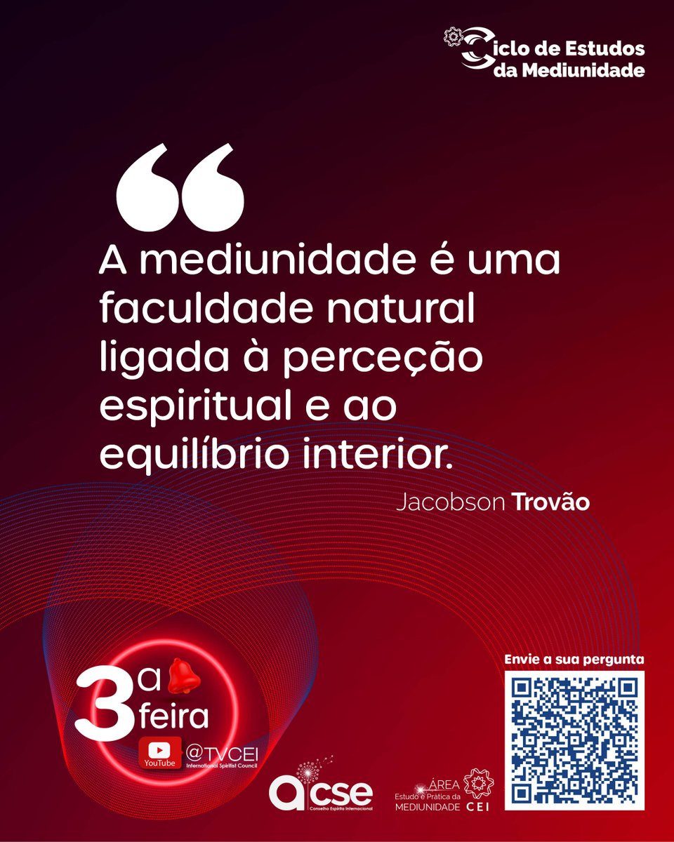 SocialCei's tweet photo. O Ciclo de Estudos da Mediunidade do CEI, conduzido por Jacobson Trovão.
📅 Terça-feira
 🕒 Horários: Nova Iorque – 15h | Brasília – 17h | Lisboa – 20h | CET – 21h
Um convite para estudar e praticar a mediunidade de forma consciente e responsável.
#cei #ciclodeestudosmediunidade https://t.co/g8StxZeoWf