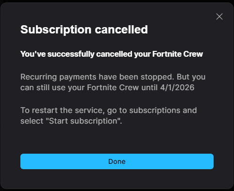 I've been subscribed to Fortnite Crew since its launch in 2020, but today I've decided to cancel it after the news of the V-Bucks reduction &amp; increase in pricing.

The news yesterday was my breaking point with Crew especially because I've been so dissapointed with how its been