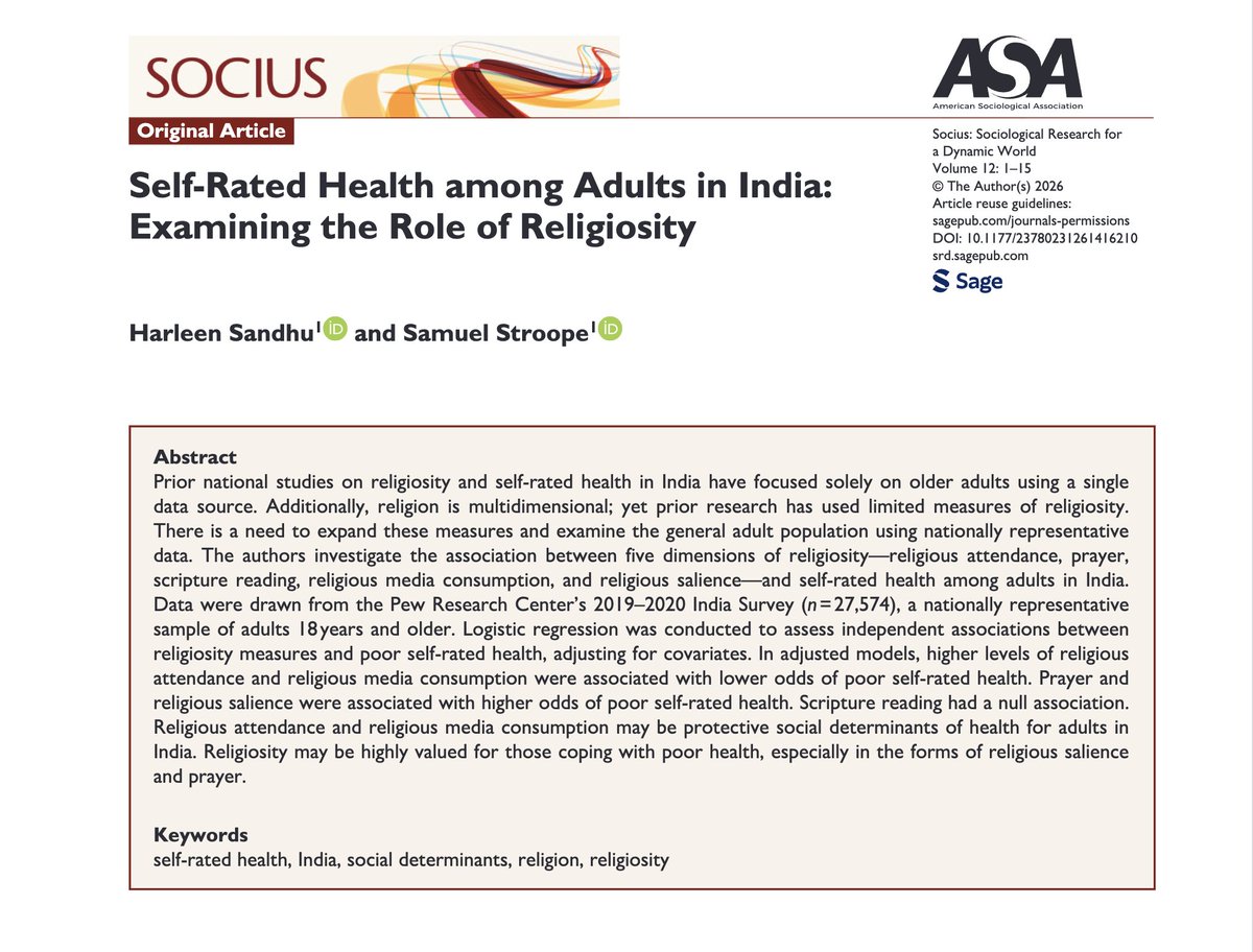 SociusJournal's tweet image. Is cleanliness next to godliness? 🧼

H. Sandhu &amp;amp; S. Stroope’s new #Socius research analyzes the association between five aspects of #religiosity and individual #health amongst adults in #India, expanding on the multidimensionality of religion

Read: doi.org/10.1177/237802…