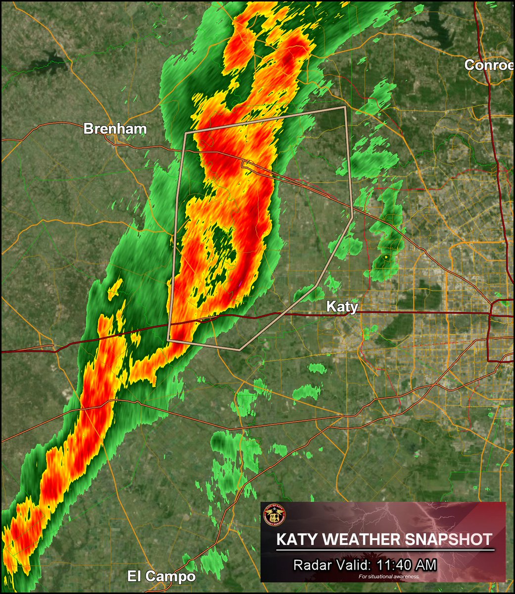 🌪️ Tornado Watch until 6 PM for the Katy area.

Storms are developing west near Sealy and Hempstead and moving east around 30 mph.

Main threats: damaging wind up to 70 mph, hail, and a few tornadoes.

Stay weather aware.